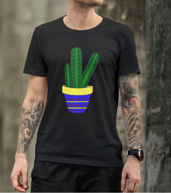 3 Simple Cacti In Colorful Pot With Geometric T-Shirt