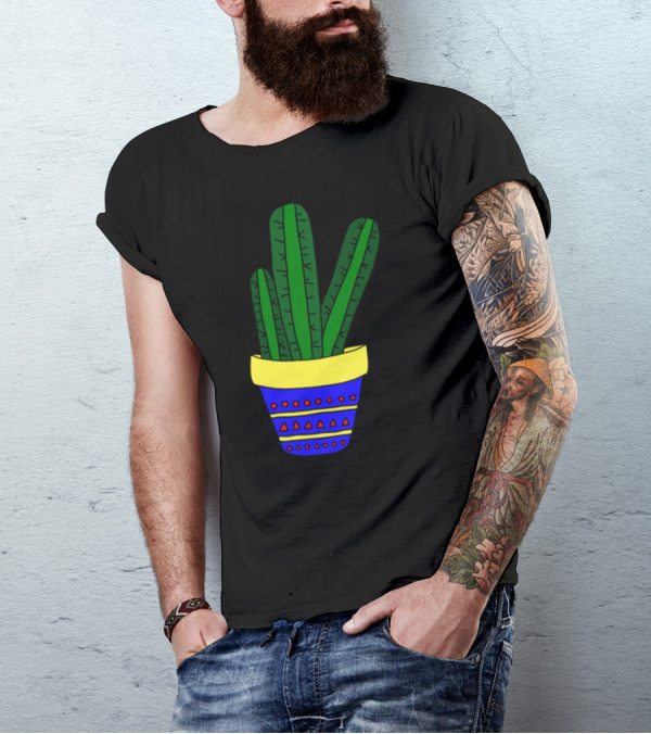 3 Simple Cacti In Colorful Pot With Geometric T-Shirt