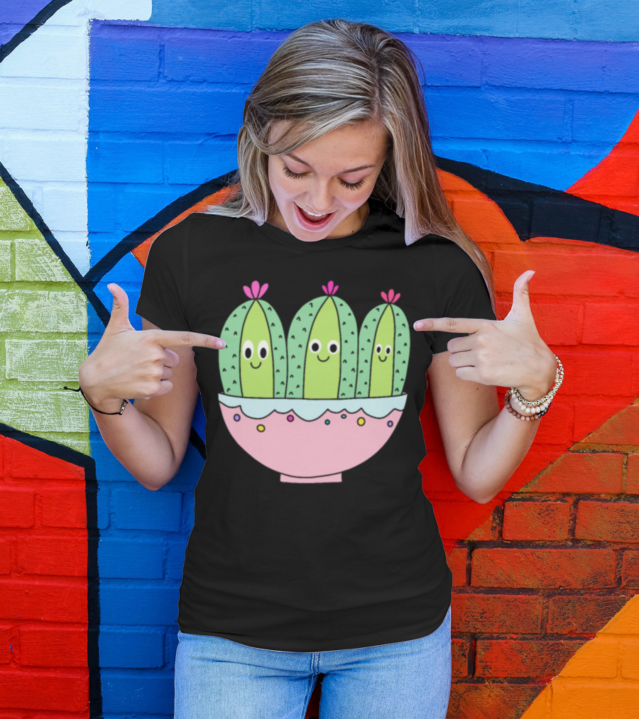 3 Cute Cactus Characters In Decorative Pot T-Shirt