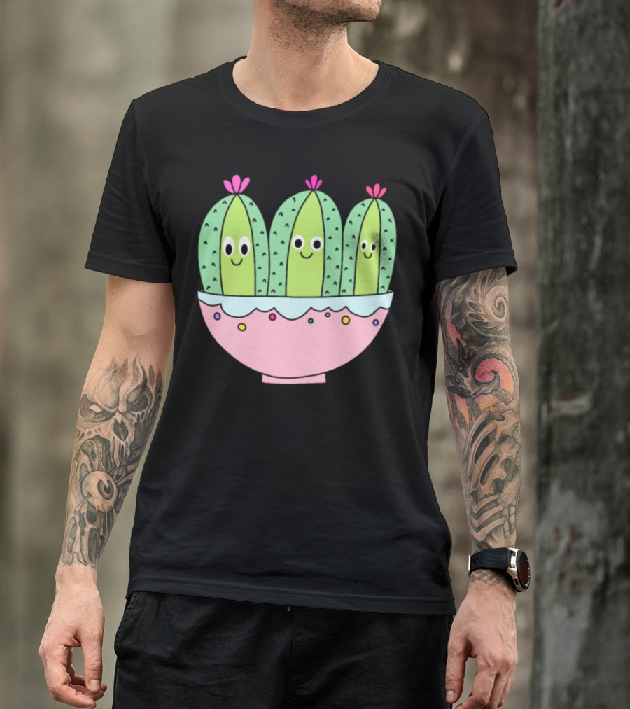 3 Cute Cactus Characters In Decorative Pot T-Shirt