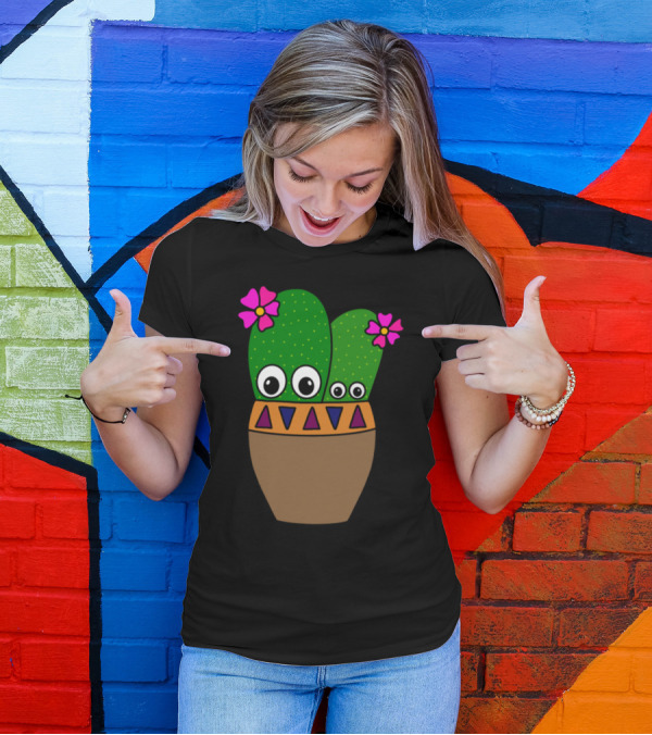 Adorable Cacti With Big Eyes And Flowers In Colorful Patterned Jar T-Shirt