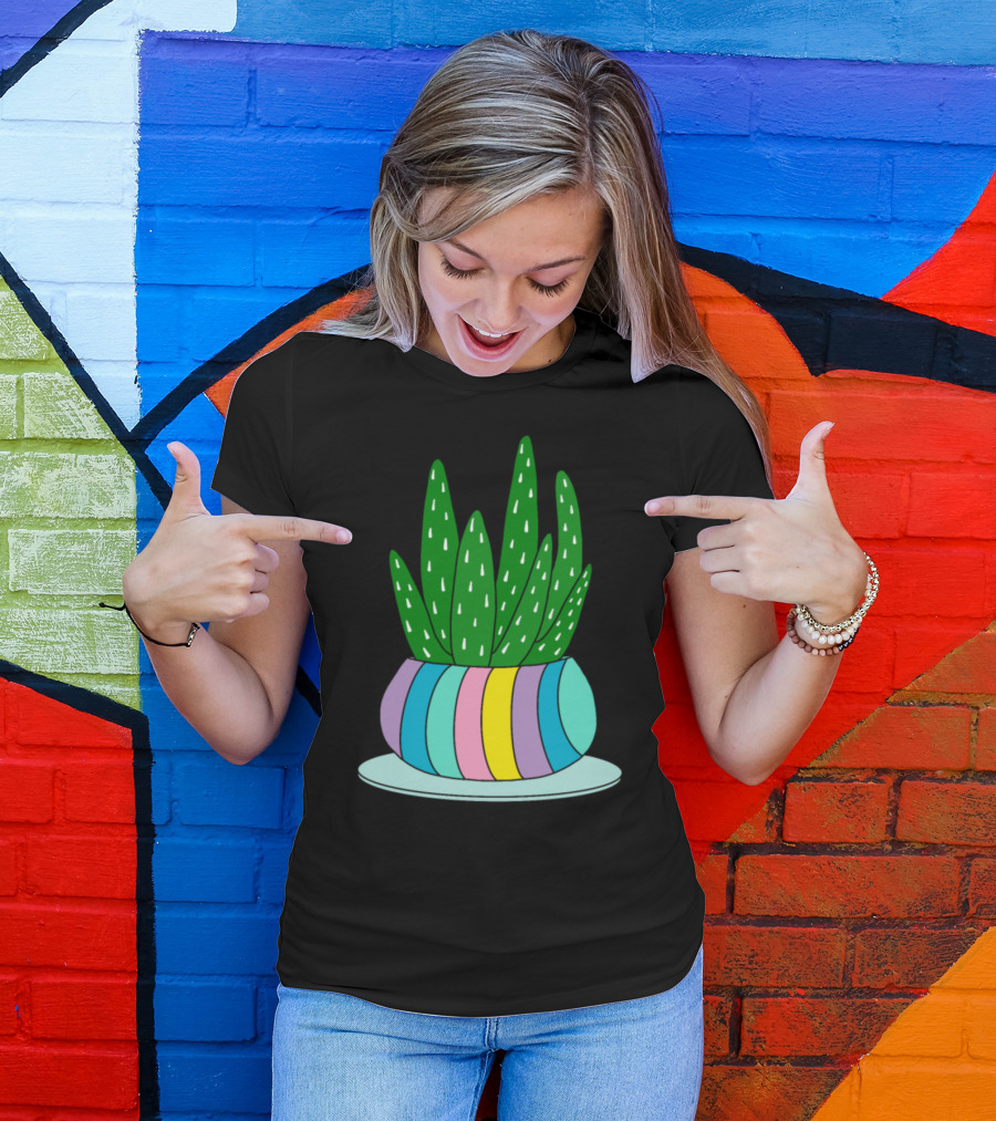 Aloe Vera Succulent In A Candy Colored Pot With Pastel Stripes T-Shirt