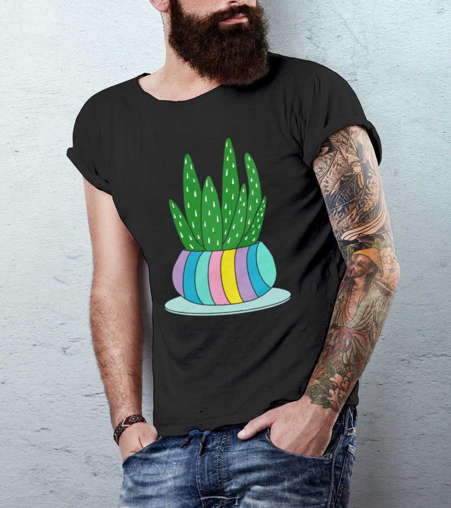 Aloe Vera Succulent In A Candy Colored Pot With Pastel Stripes T-Shirt
