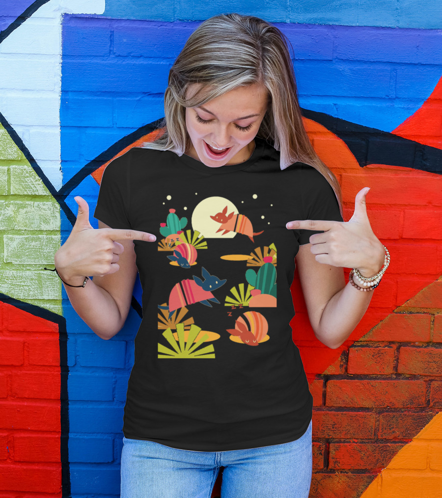 Armadillo Sand Nighttime Desert Scene With Bright Cacti And Moon T-Shirt