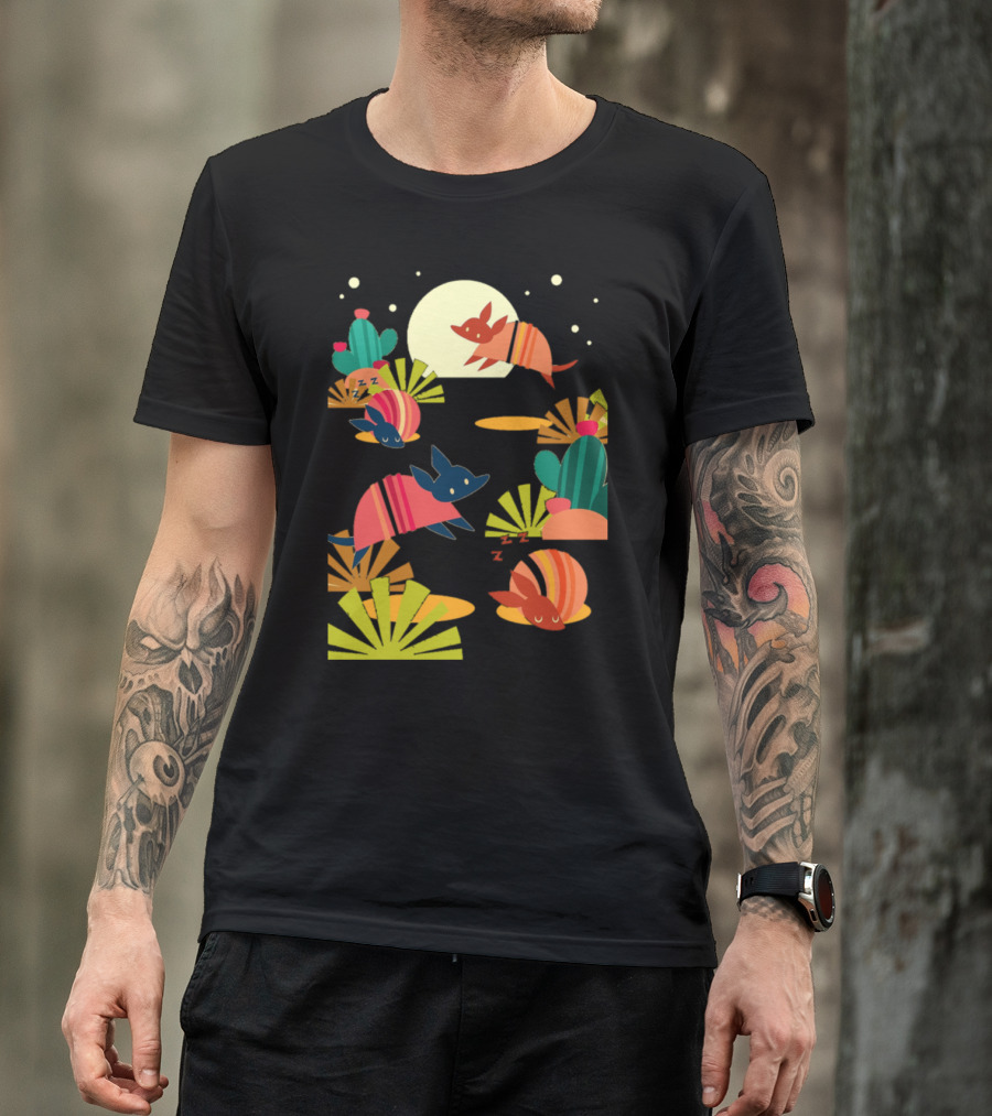 Armadillo Sand Nighttime Desert Scene With Bright Cacti And Moon T-Shirt
