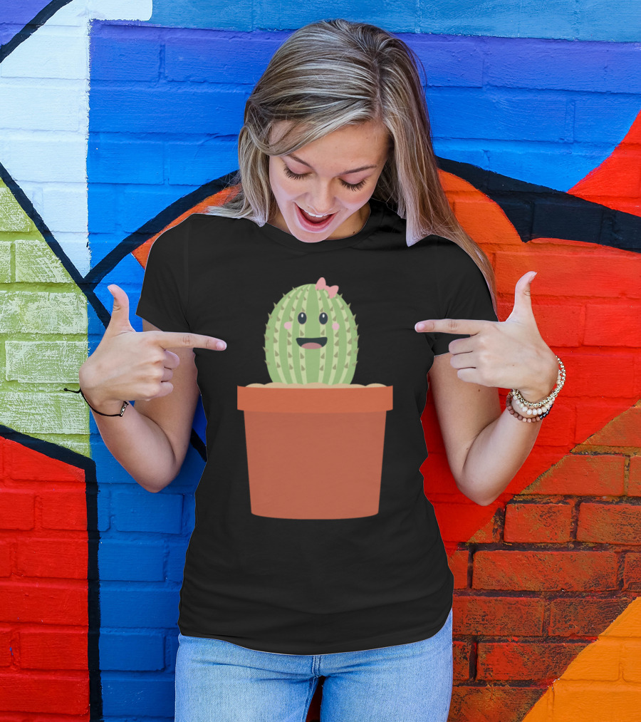Baby Cactus Cute Smiling Kawaii Face In Flower Pot T-Shirt