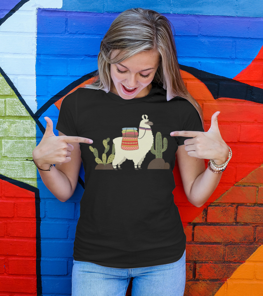 Aztec Pattern Llama With Cactus Desert Scene T-Shirt