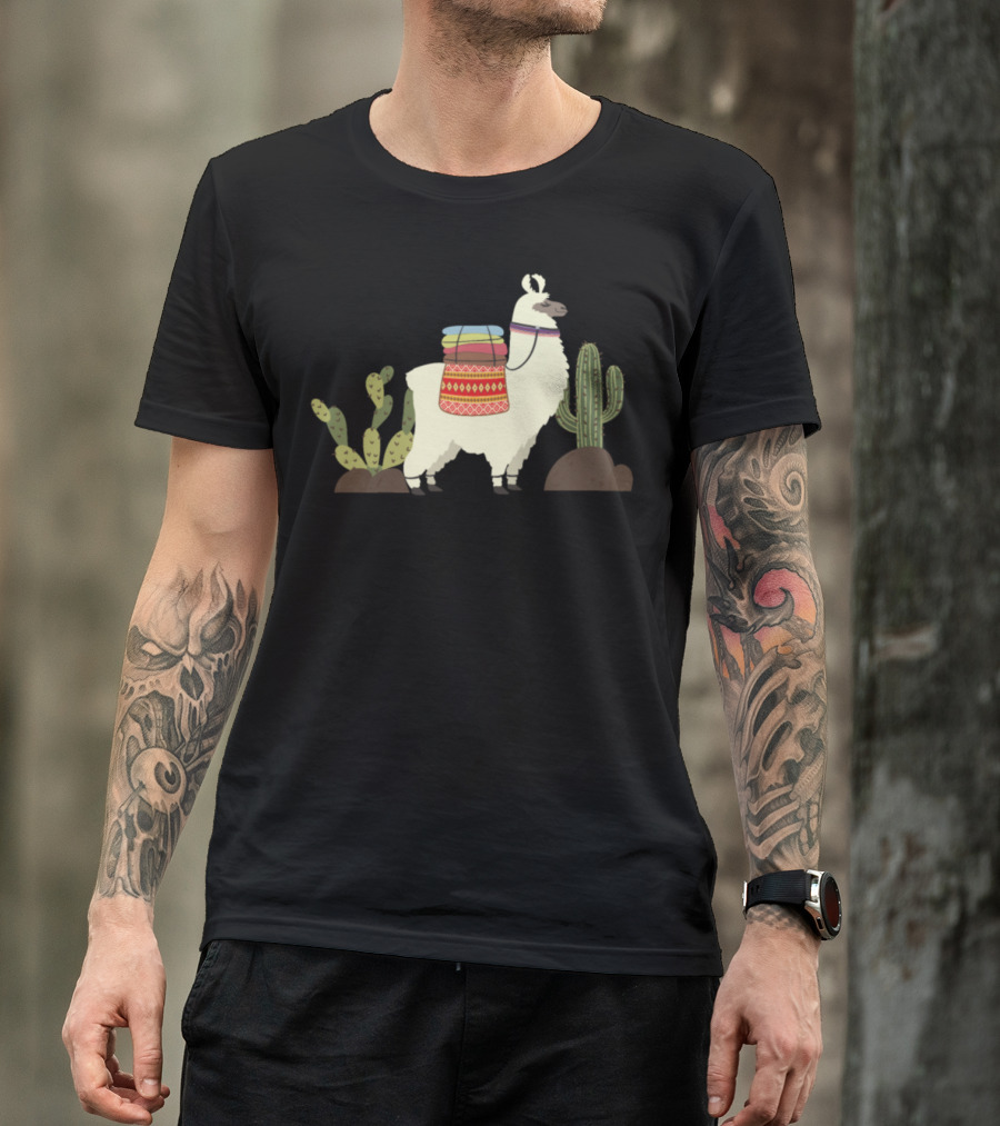 Aztec Pattern Llama With Cactus Desert Scene T-Shirt