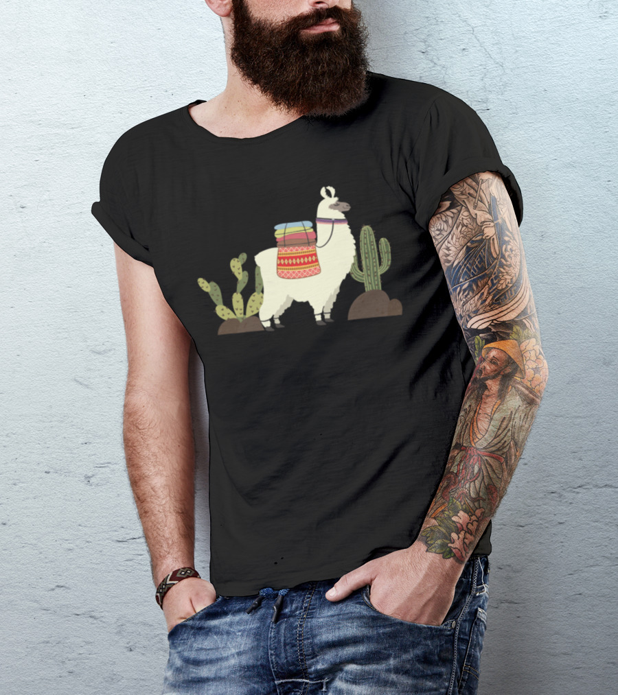 Aztec Pattern Llama With Cactus Desert Scene T-Shirt