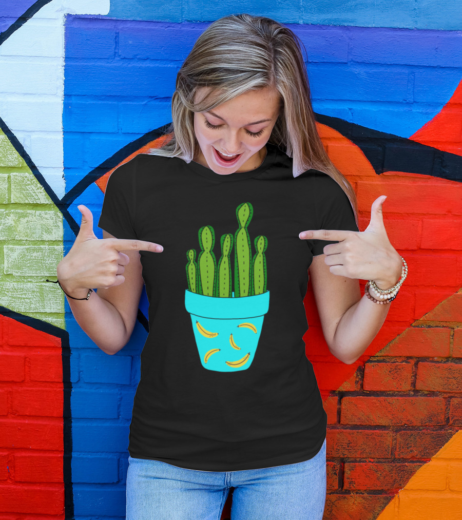 Banana Patterned Pot With Tall Green Cactus T-Shirt