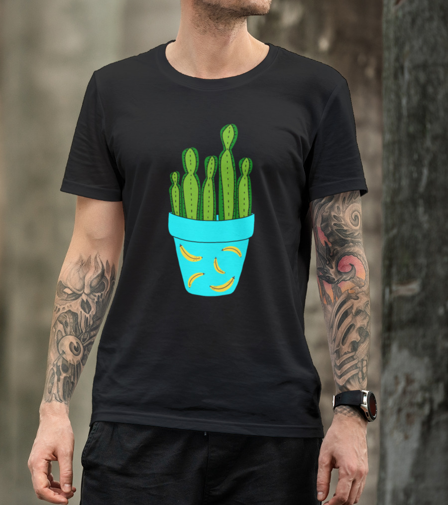 Banana Patterned Pot With Tall Green Cactus T-Shirt