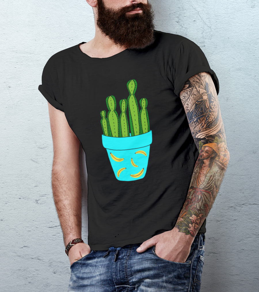 Banana Patterned Pot With Tall Green Cactus T-Shirt