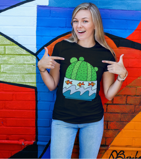 Ball Cactus With Goldfish And Waves In Pot T-Shirt