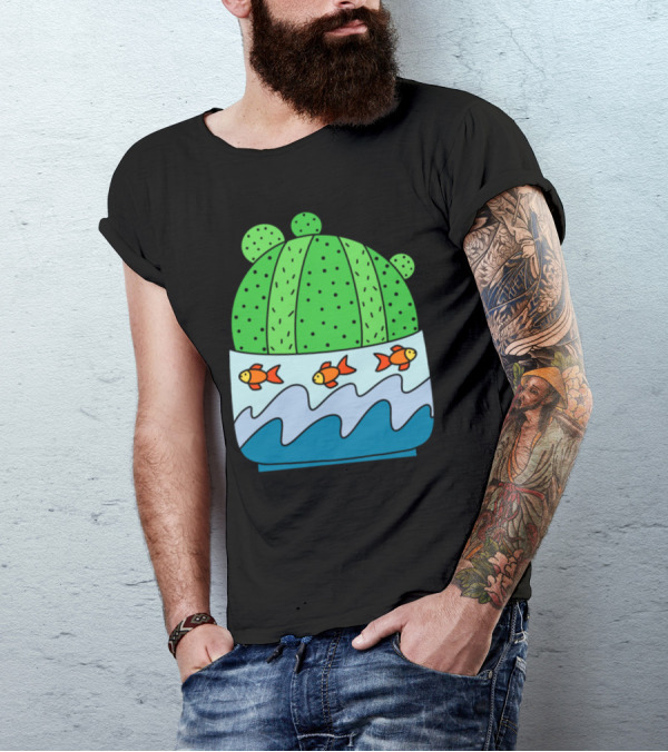Ball Cactus With Goldfish And Waves In Pot T-Shirt
