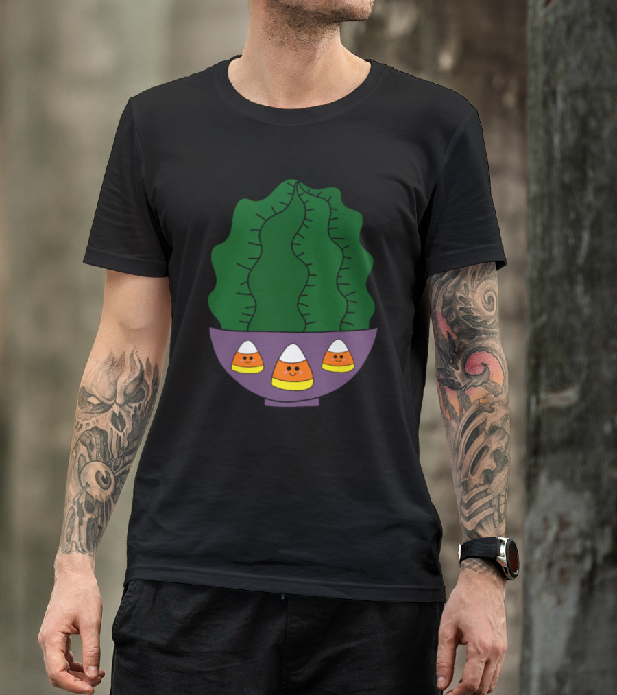 Barrel Cactus In Candy Corn Bowl Pot Halloween T-Shirt