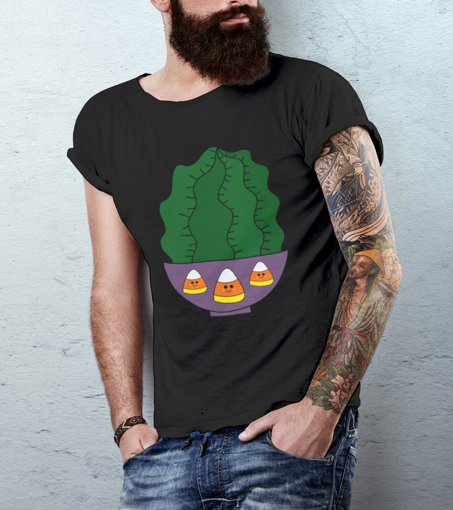 Barrel Cactus In Candy Corn Bowl Pot Halloween T-Shirt