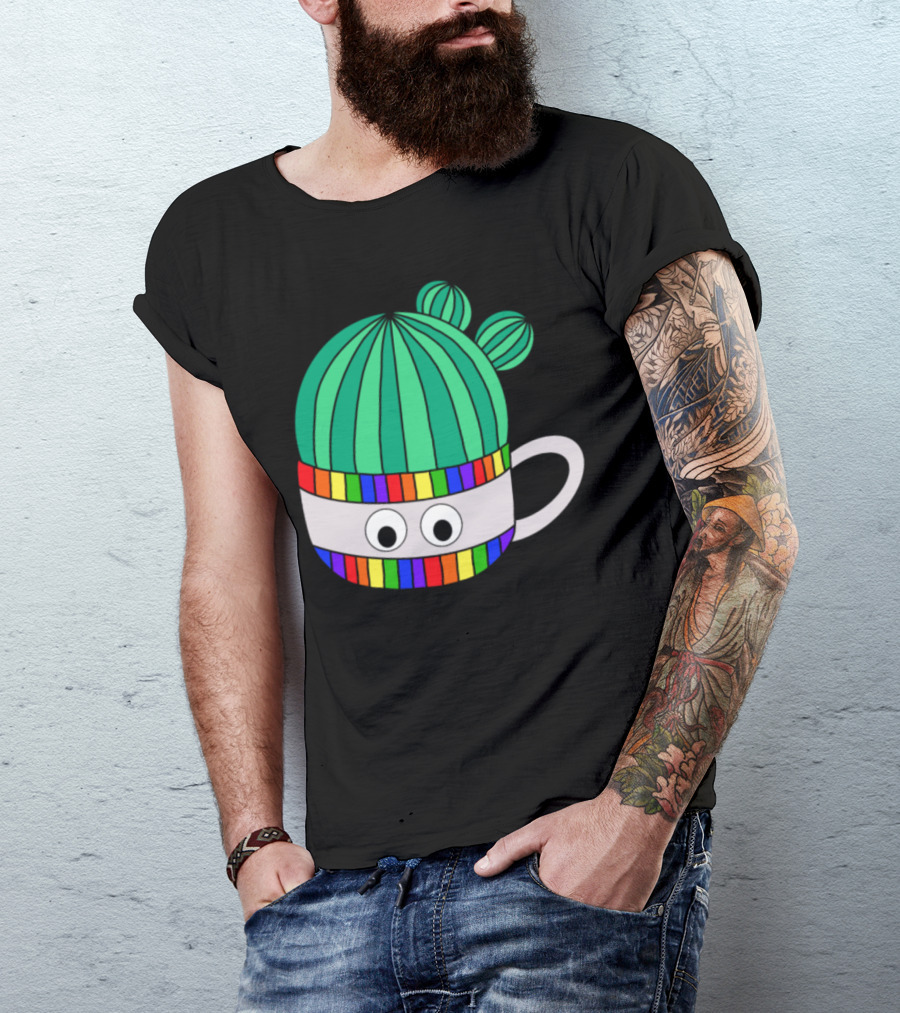 Barrel Cactus Coffee Mug With Rainbow Stripes And Googly Eyes T-Shirt