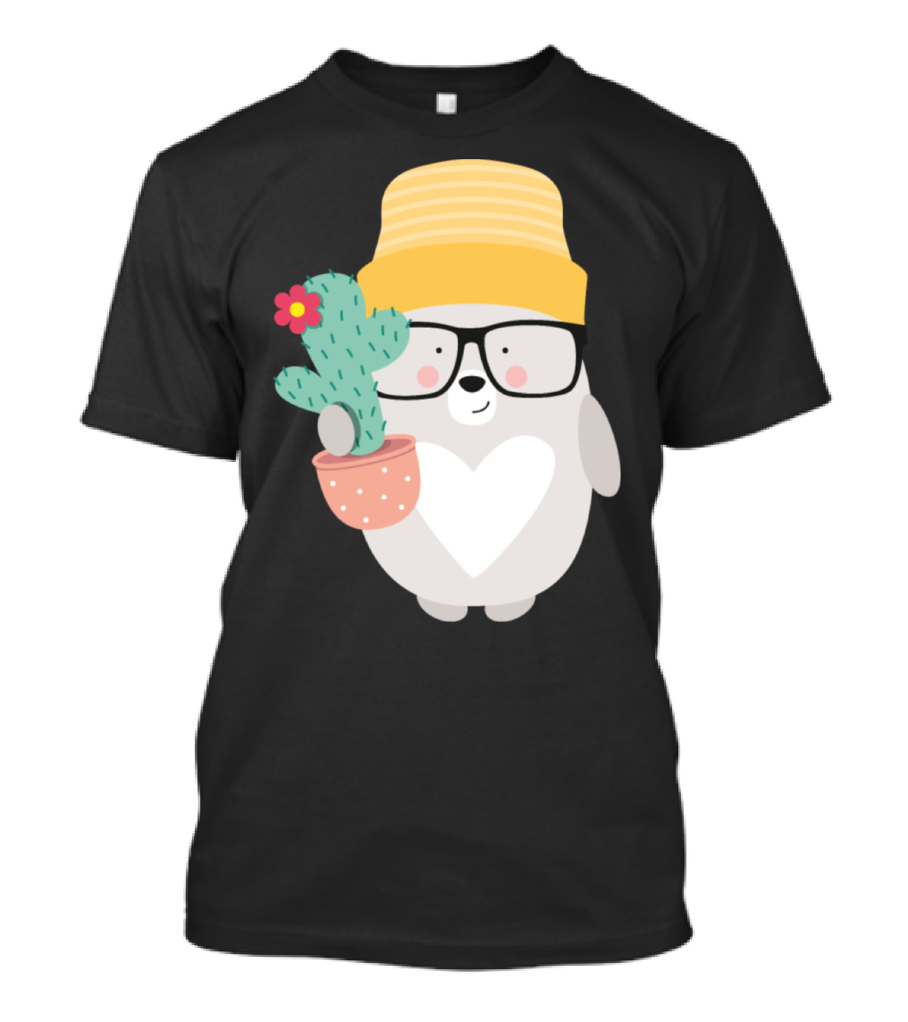 Bear Wearing Glasses And Yellow Hat Holding Cactus With Flower T-Shirt