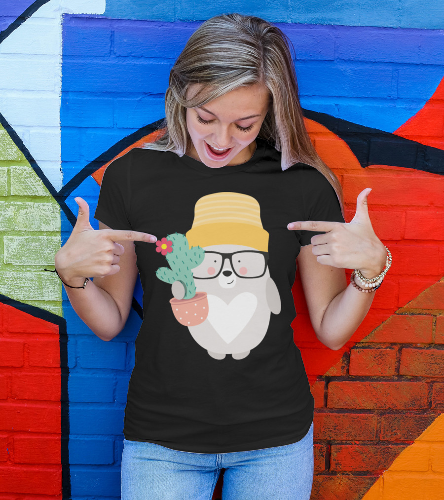 Bear Wearing Glasses And Yellow Hat Holding Cactus With Flower T-Shirt