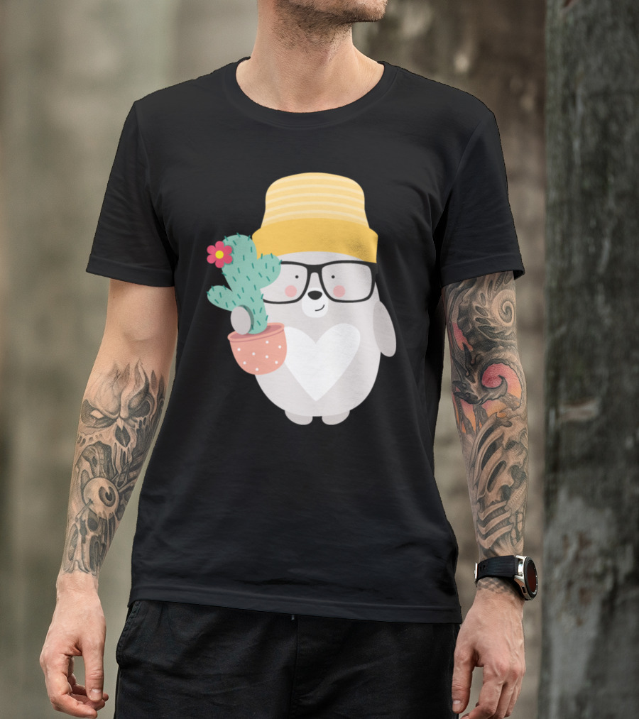 Bear Wearing Glasses And Yellow Hat Holding Cactus With Flower T-Shirt