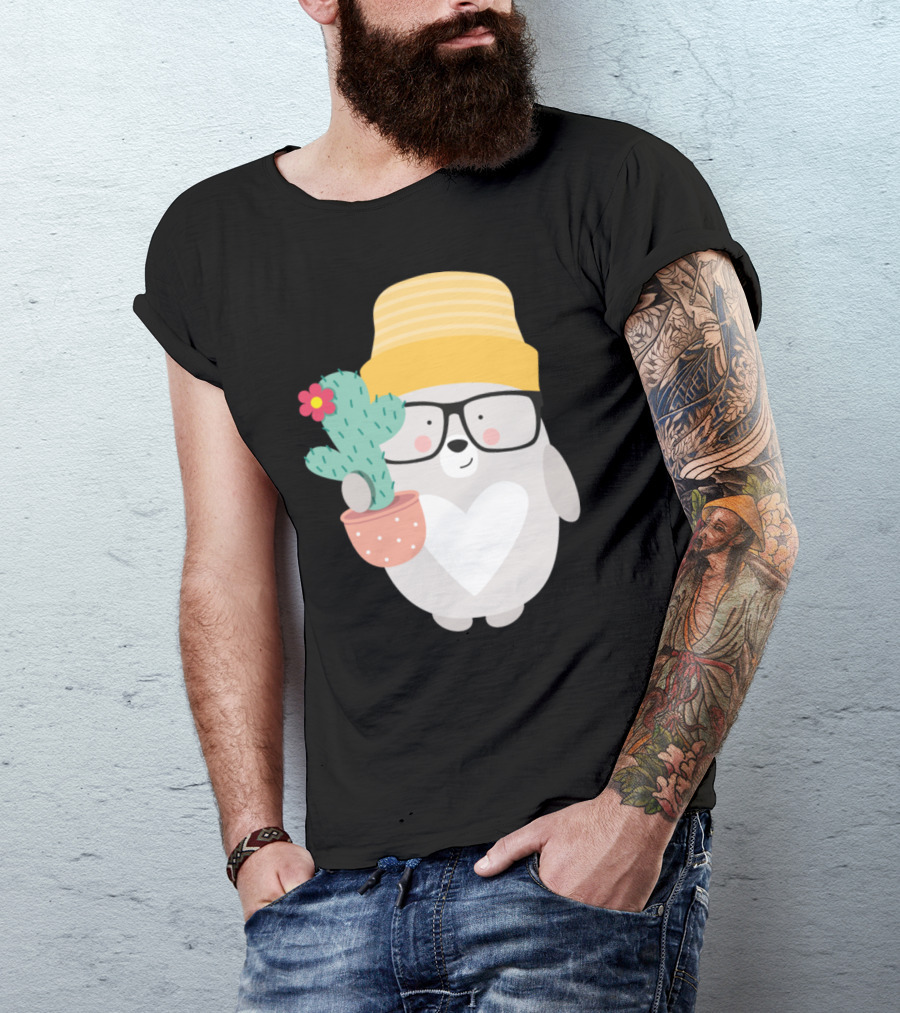 Bear Wearing Glasses And Yellow Hat Holding Cactus With Flower T-Shirt
