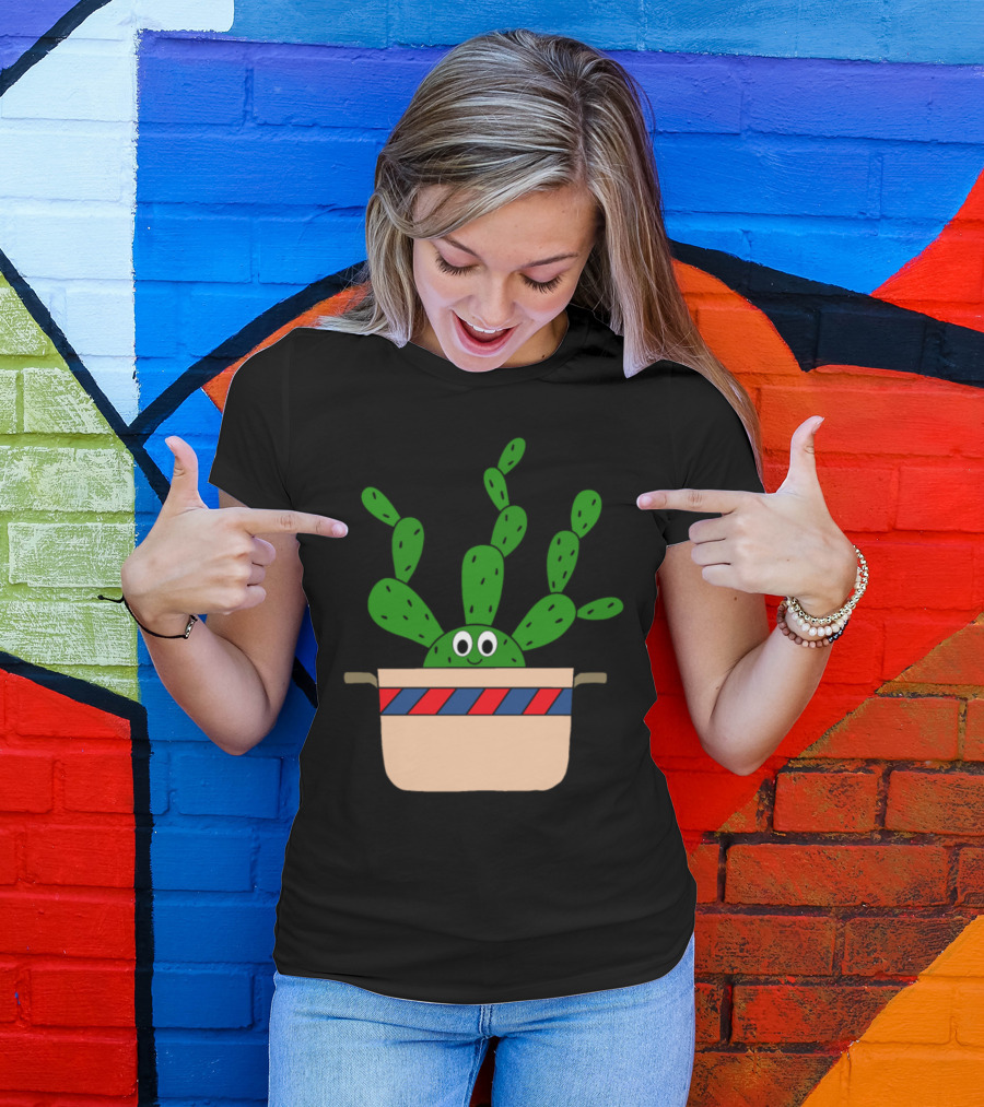 Beaver Tail Cactus In Smiling Old Pot With Red And Blue Stripes T-Shirt