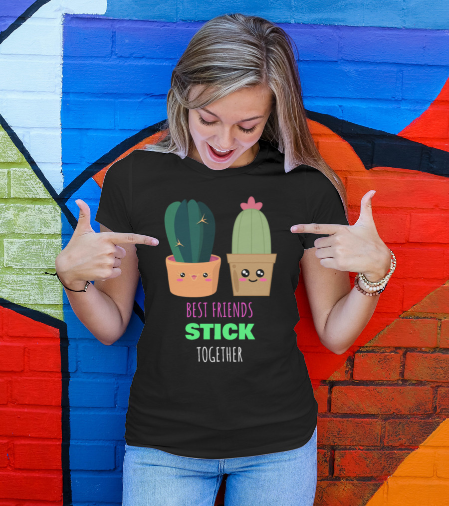 Best Friends Stick Together Cute Smiling Cactus Pun T-Shirt