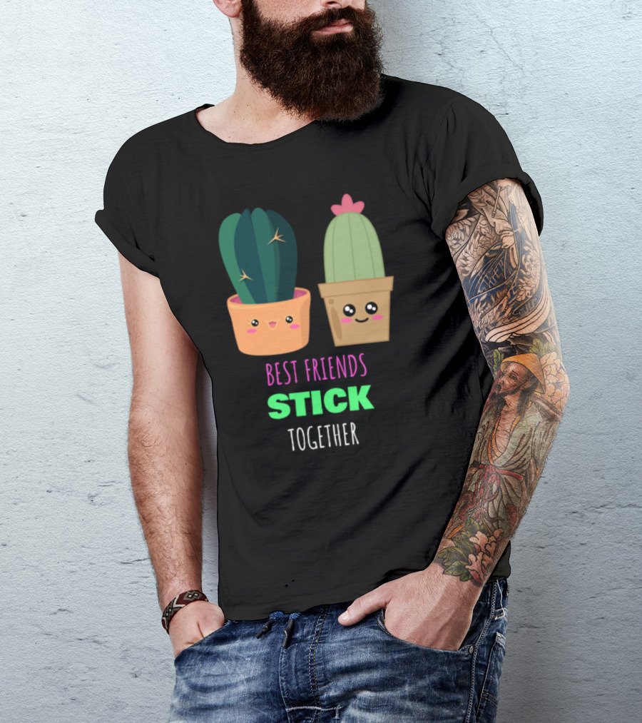 Best Friends Stick Together Cute Smiling Cactus Pun T-Shirt