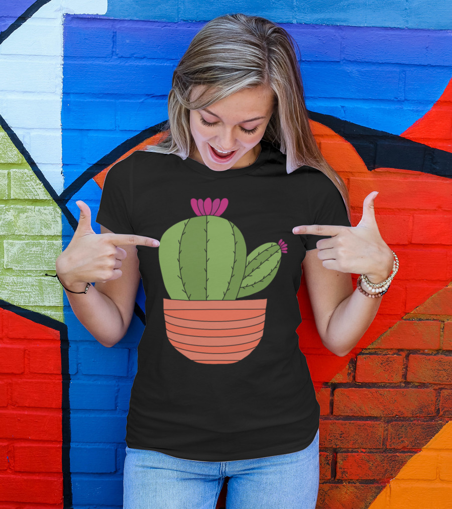 Big Green Cactus In Orange Pot With Pink Flowers T-Shirt