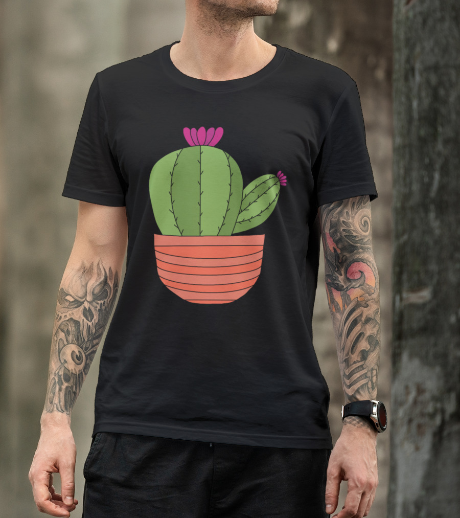 Big Green Cactus In Orange Pot With Pink Flowers T-Shirt