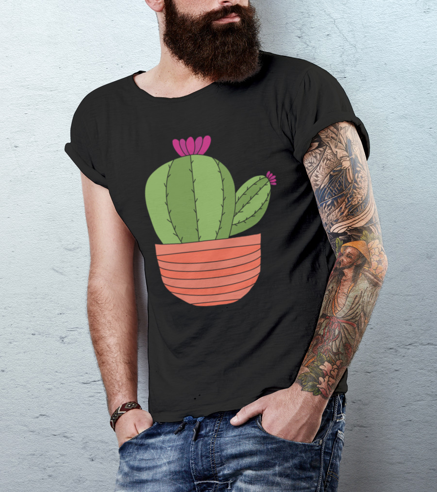 Big Green Cactus In Orange Pot With Pink Flowers T-Shirt