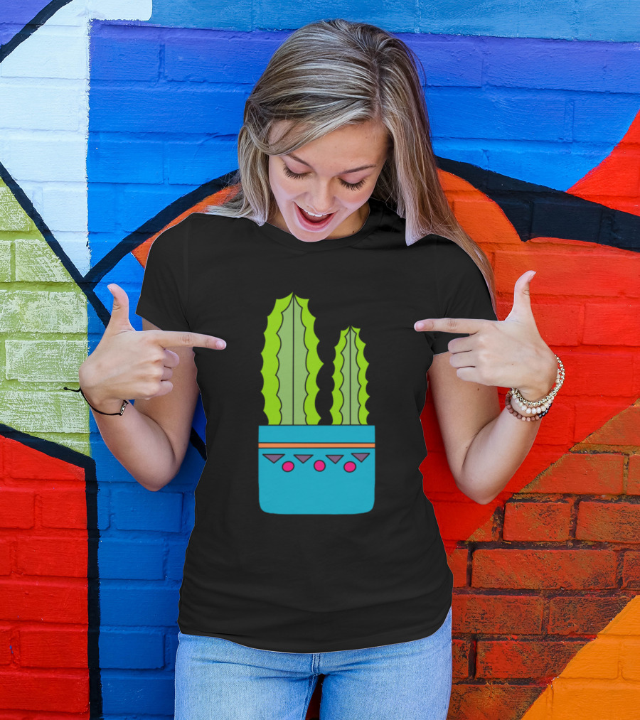 Big And Small Cacti In Blue Pot With Geometric T-Shirt