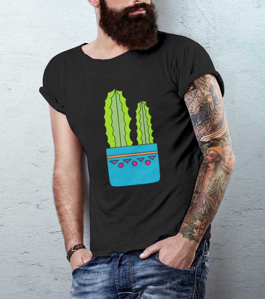 Big And Small Cacti In Blue Pot With Geometric T-Shirt