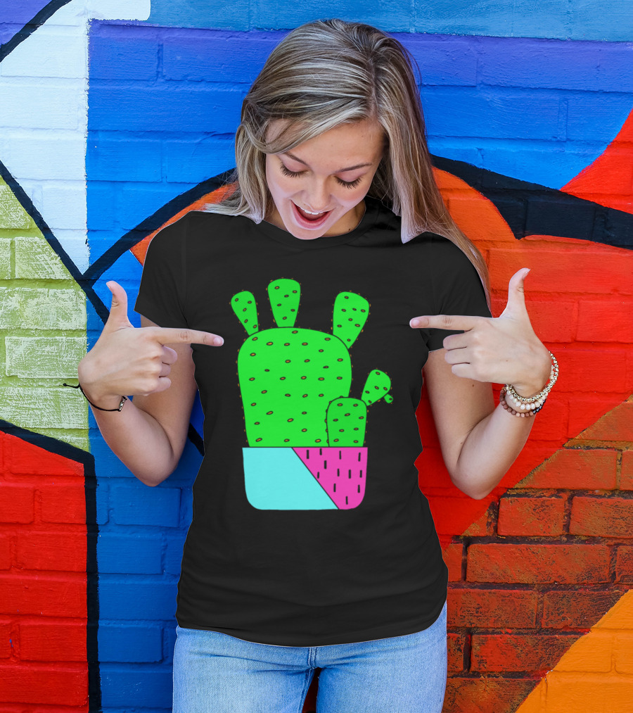 Big Cacti In Bright Green With Colorful Pink And Blue Planter T-Shirt