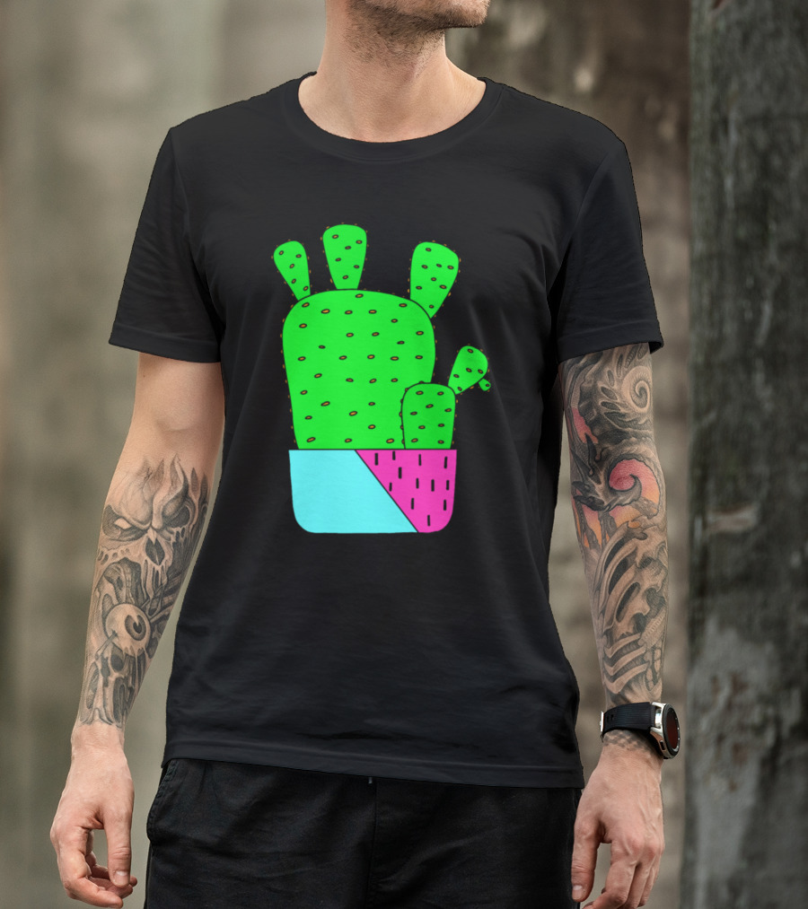 Big Cacti In Bright Green With Colorful Pink And Blue Planter T-Shirt