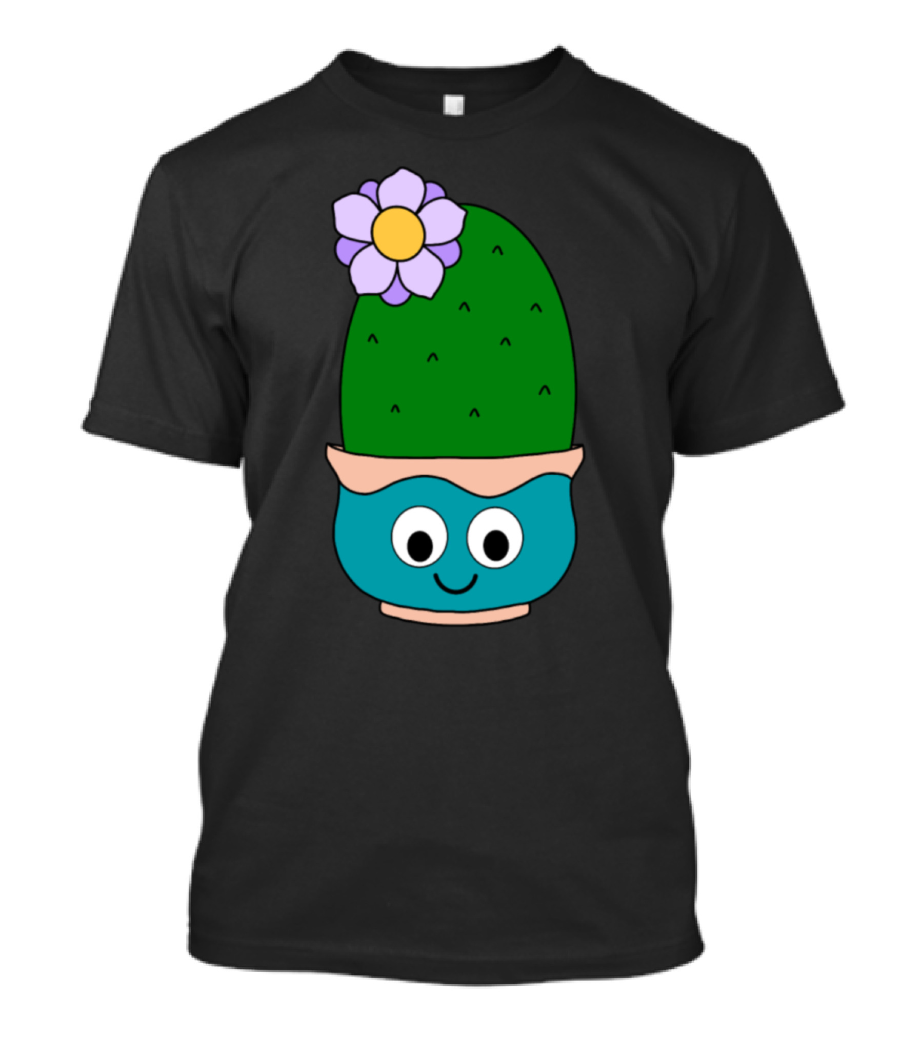 Big Cactus With Cute Flower In Kawaii Pot Face And Purple Blossom T-Shirt