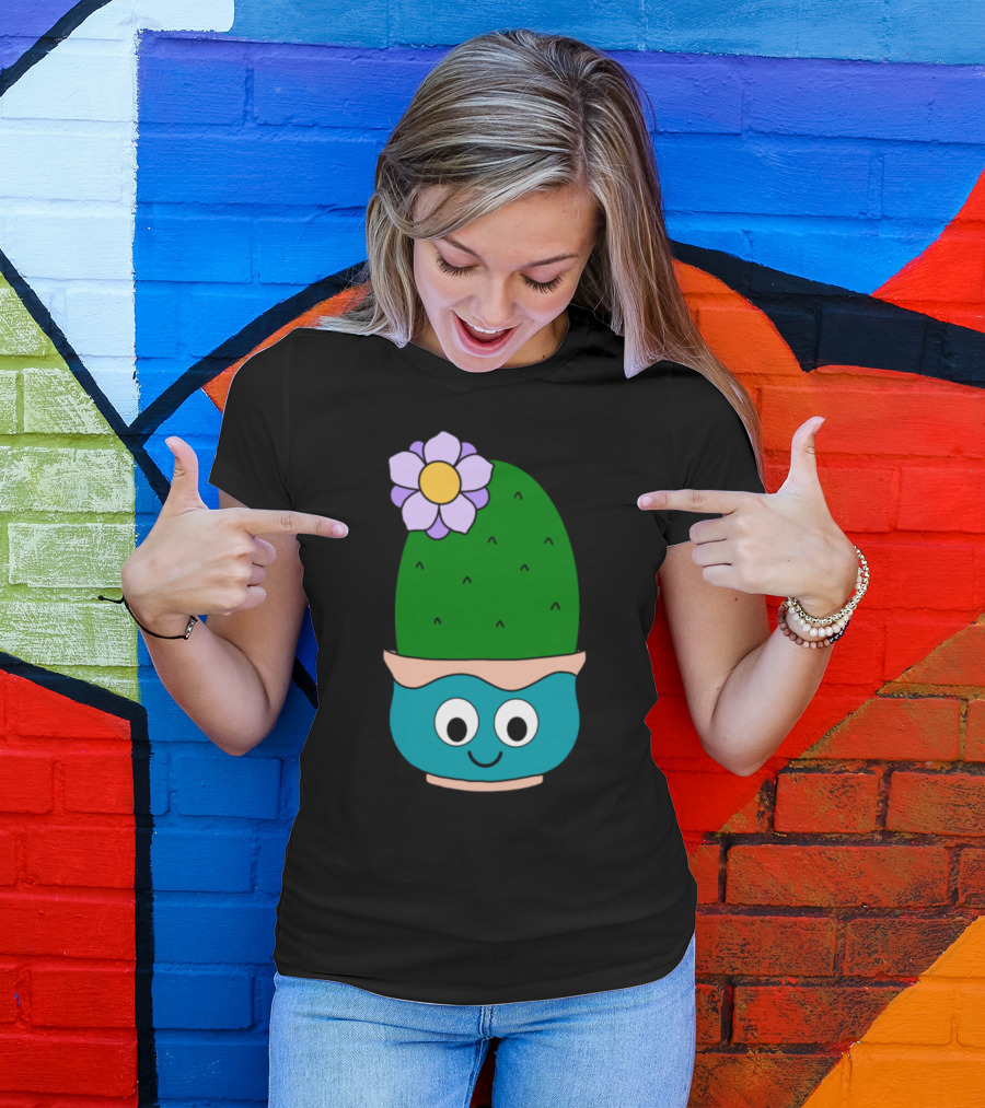 Big Cactus With Cute Flower In Kawaii Pot Face And Purple Blossom T-Shirt