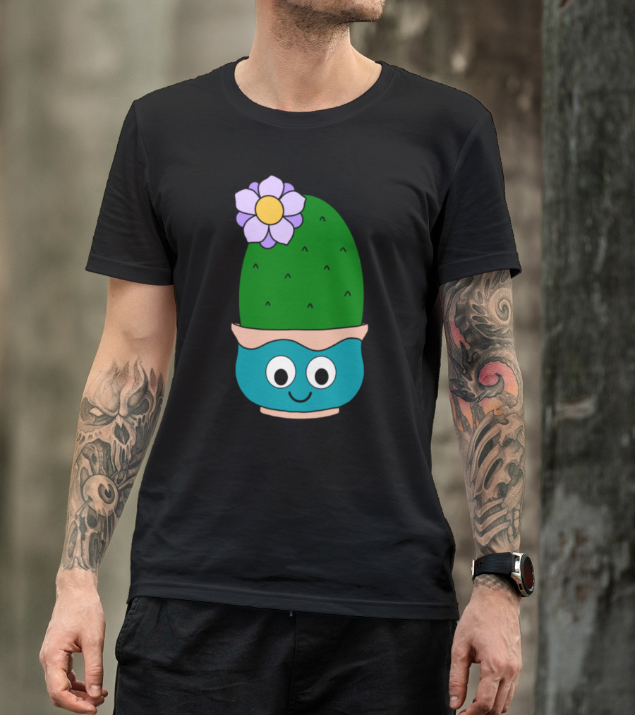 Big Cactus With Cute Flower In Kawaii Pot Face And Purple Blossom T-Shirt
