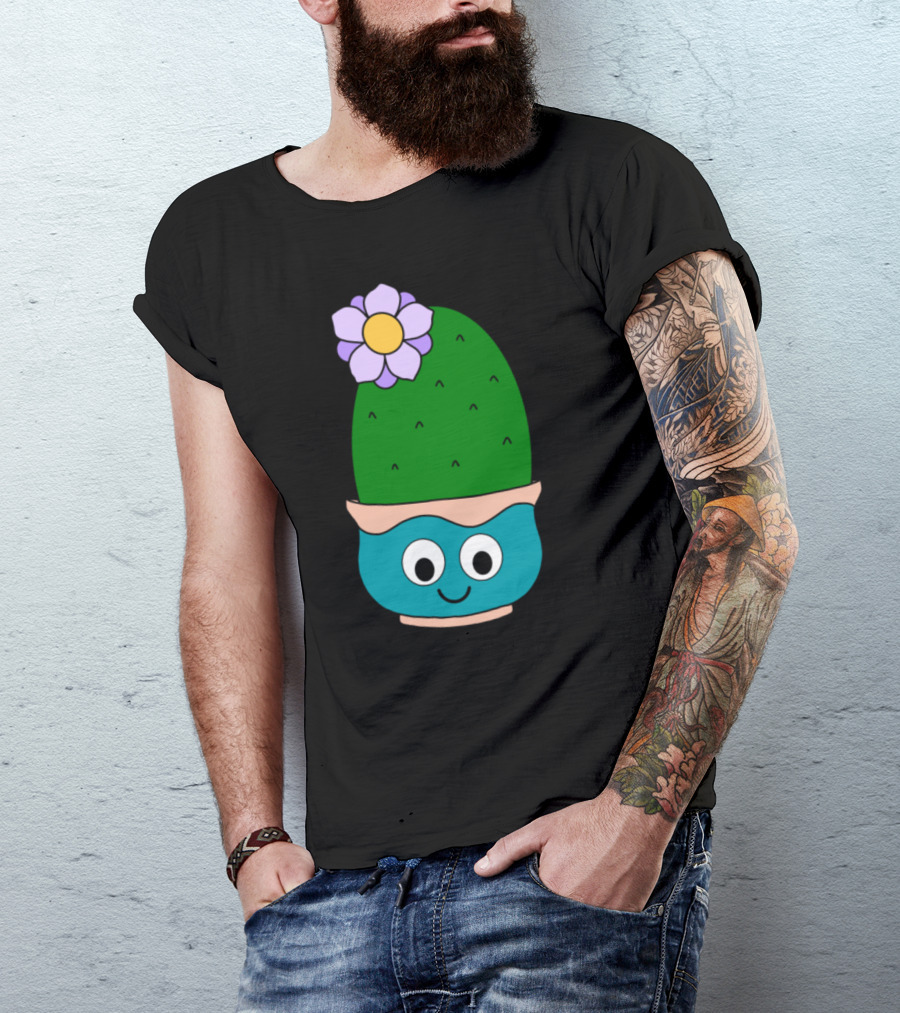 Big Cactus With Cute Flower In Kawaii Pot Face And Purple Blossom T-Shirt