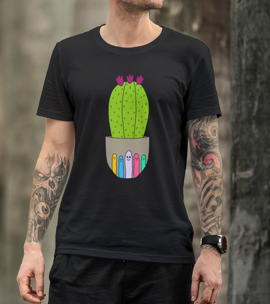 Big Cactus With Flowers In Cute Pot With Colorful Faces T-Shirt