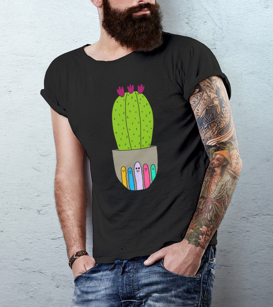 Big Cactus With Flowers In Cute Pot With Colorful Faces T-Shirt