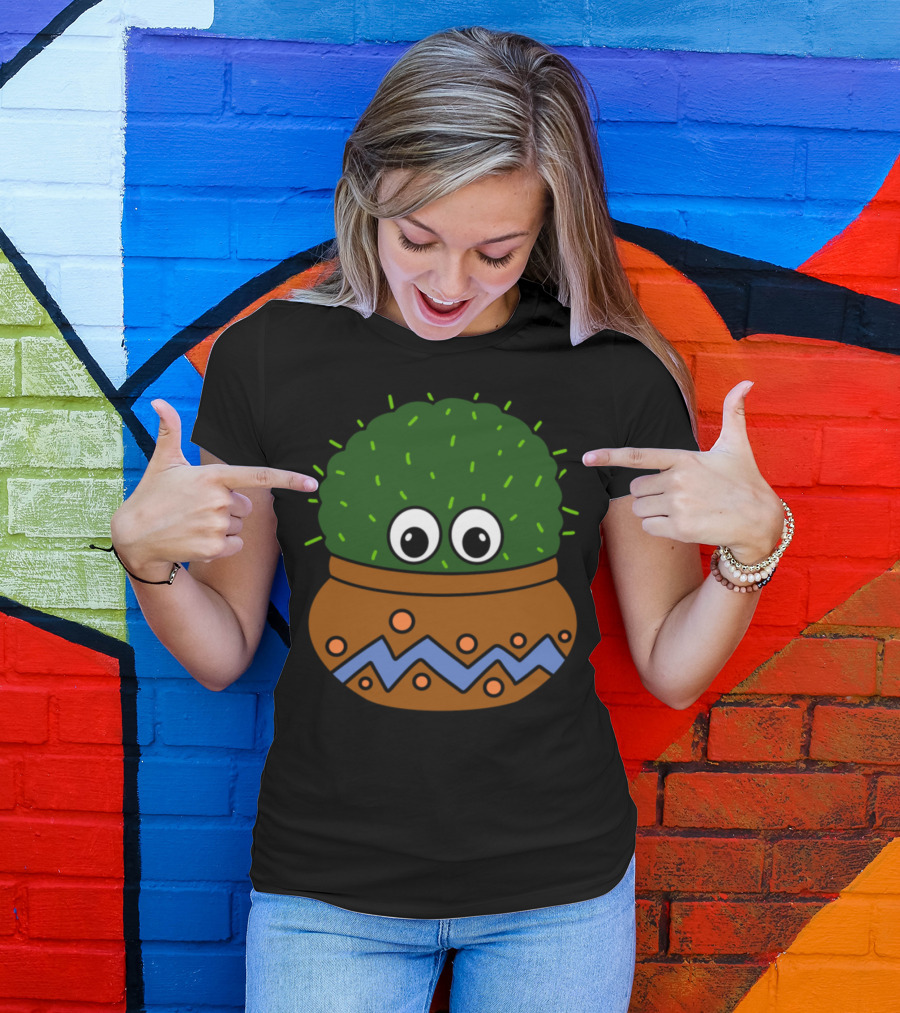 Big Eyed Round Cactus In Decorated Pot With Zigzag T-Shirt