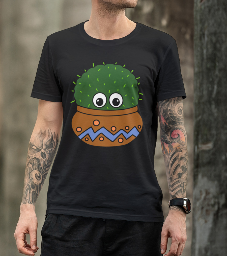 Big Eyed Round Cactus In Decorated Pot With Zigzag T-Shirt