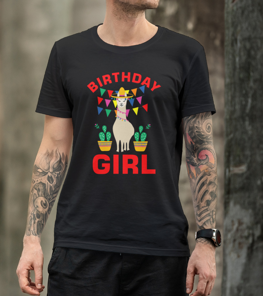 Birthday Girl Llama With Cactus Fiesta Hat T-Shirt