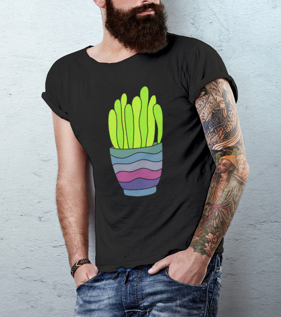 Bright Green Succulents In Colorful Striped Pot T-Shirt
