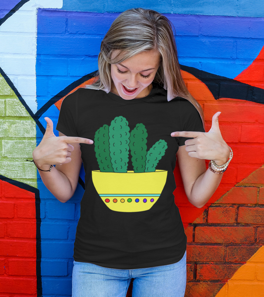 Broccoli Cactus Cereal Bowl With Yellow And Multicolored Dots T-Shirt