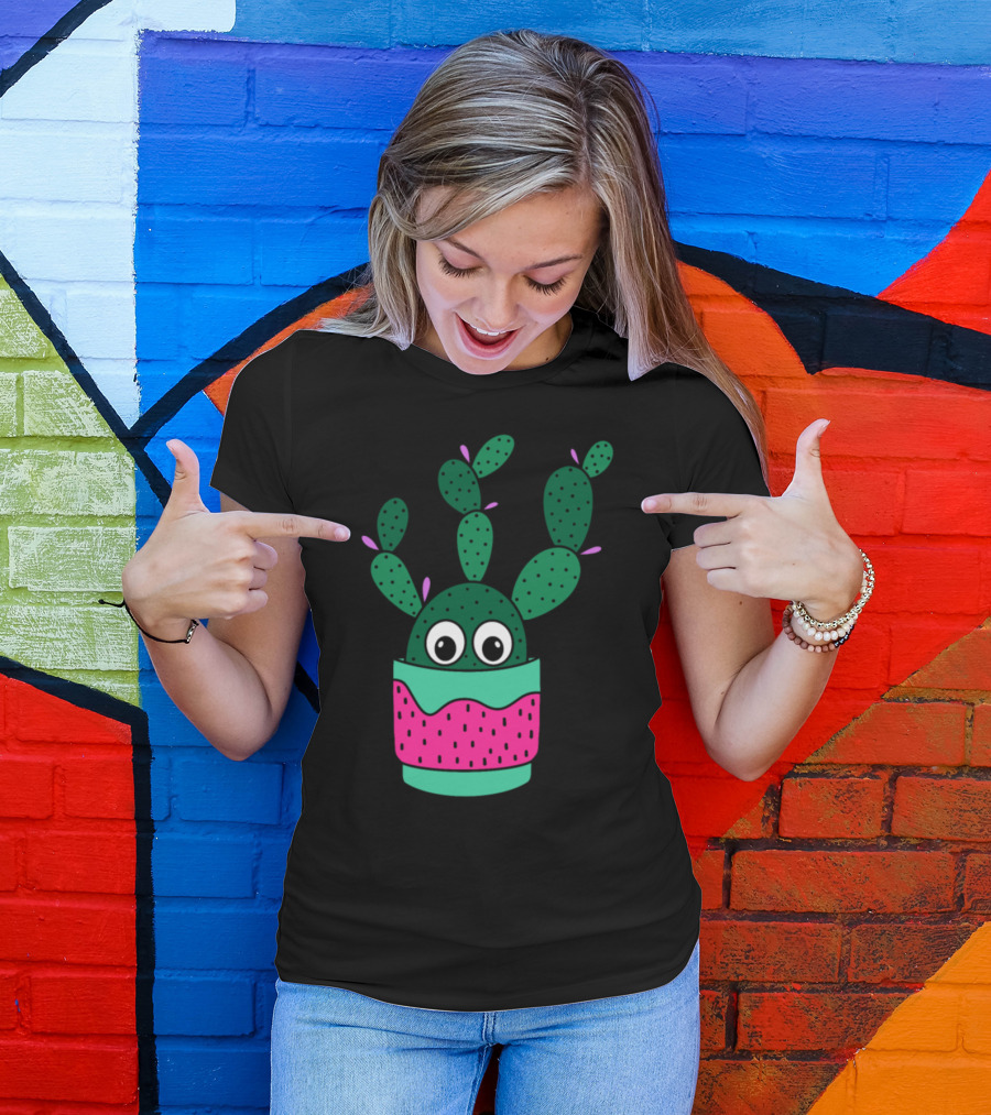 Bunny Ear Cactus With Playful Eyes In Bright Pink And Green Pot T-Shirt