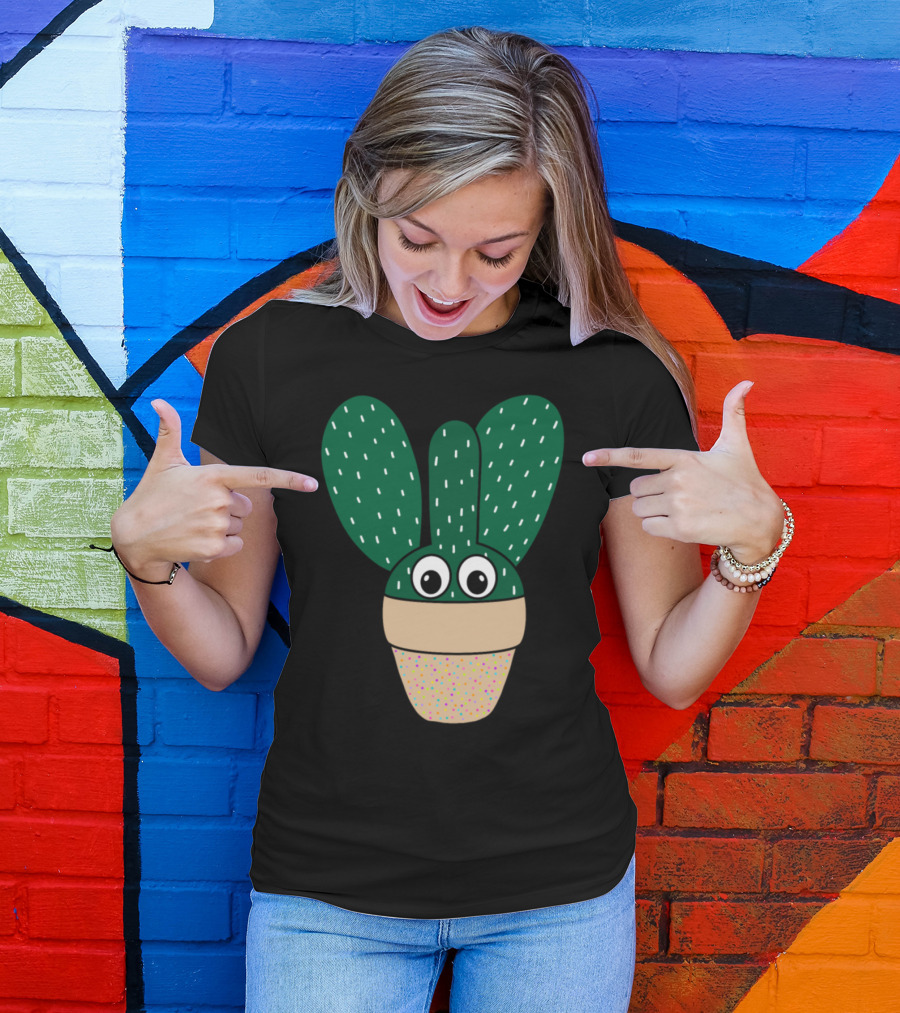 Bunny Ears Cactus With Googly Eyes In Colorful Dotted Pot T-Shirt