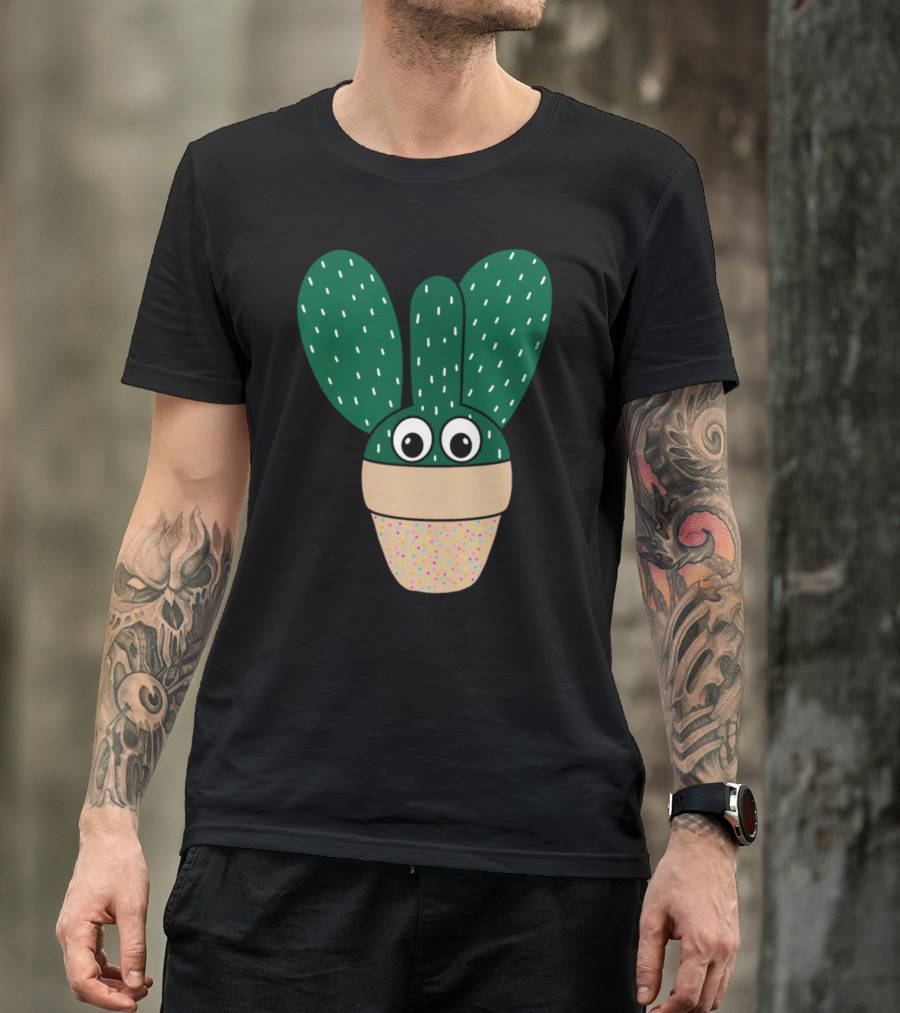 Bunny Ears Cactus With Googly Eyes In Colorful Dotted Pot T-Shirt