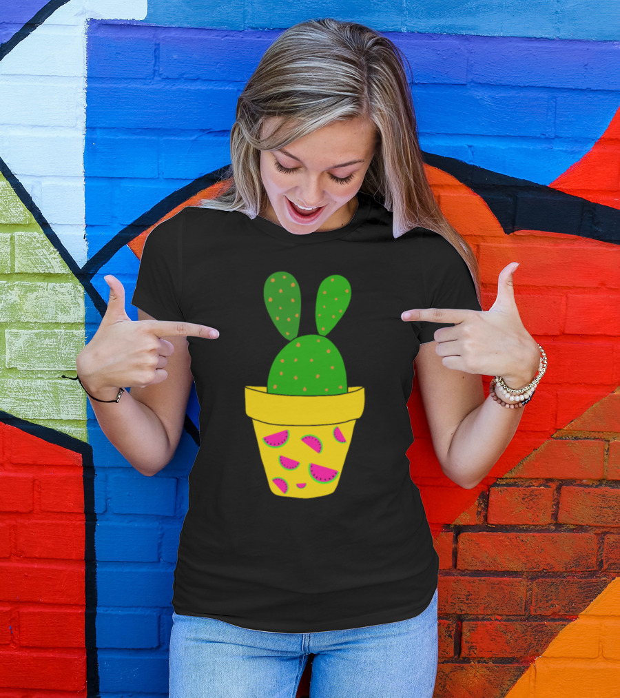 Bunny Ears Cactus In Watermelon Pot T-Shirt